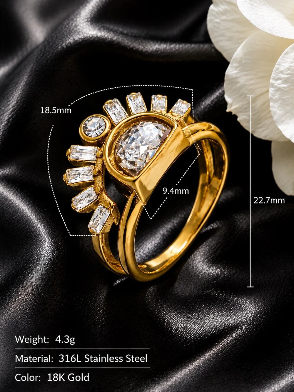 Gold plated Sunburst Crystal Ring Set